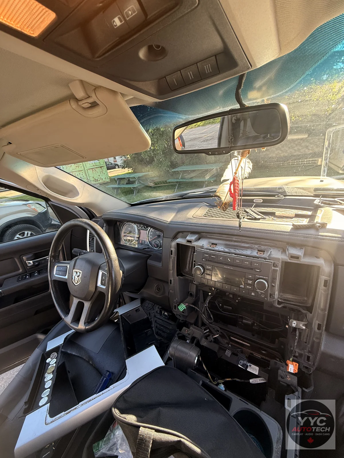 2010 Dodge Ram dashboard during screen installation preparation
